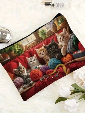 Cat Print Zipper Pouch Yarn Kittens Cosmetic Bag Makeup Organizer Cute